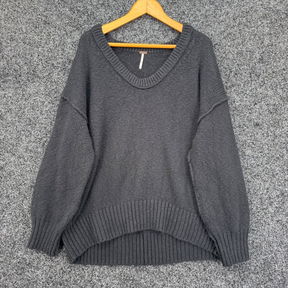 Free People Brookside V-Neck Sweater Black Oversized Pullover Small OB1053428